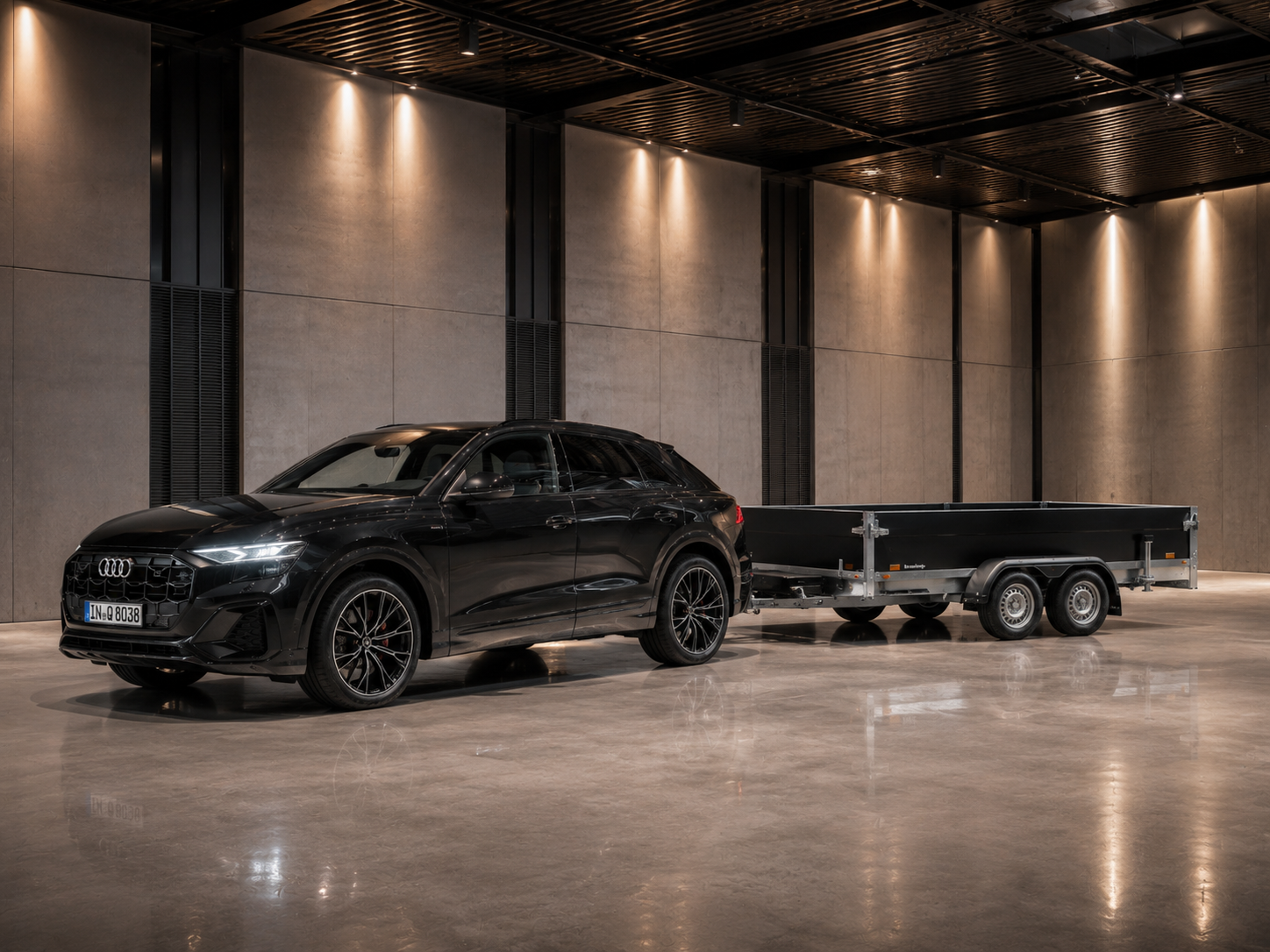 Audi met aanhanger in een industriële hal