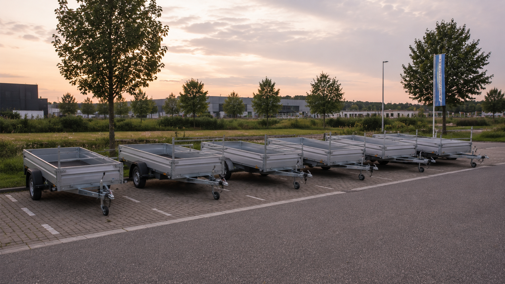 Aanhangers op een parkeerterrein bij zonsondergang