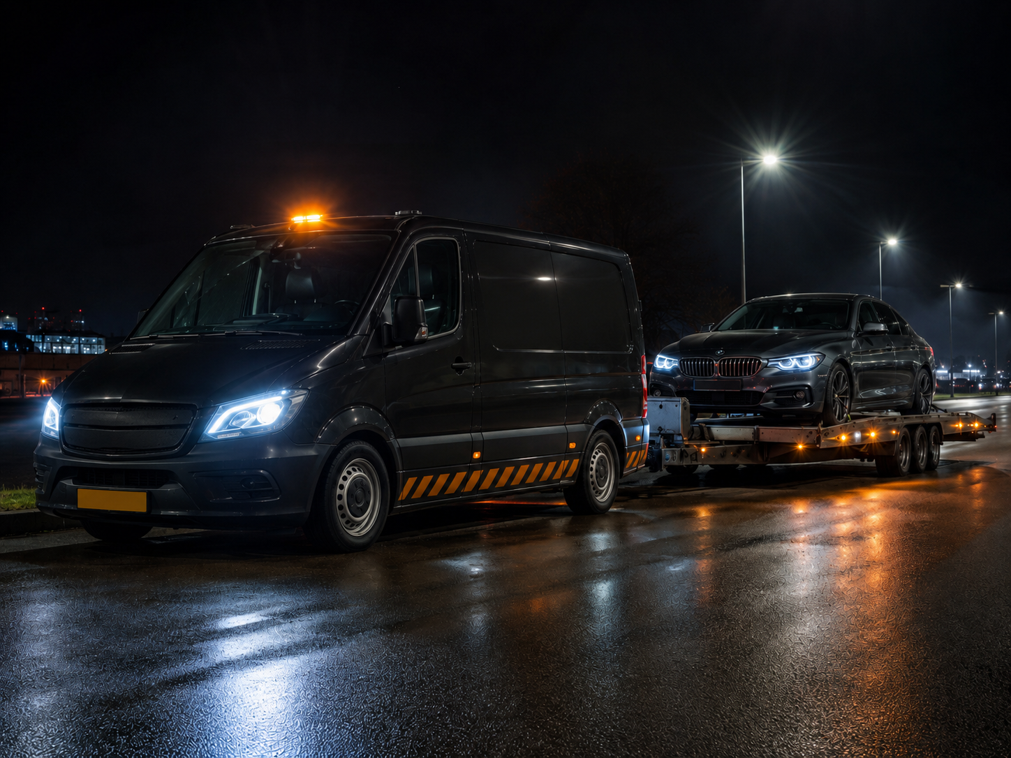 Premium pechhulp, voertuig op transport in de nacht